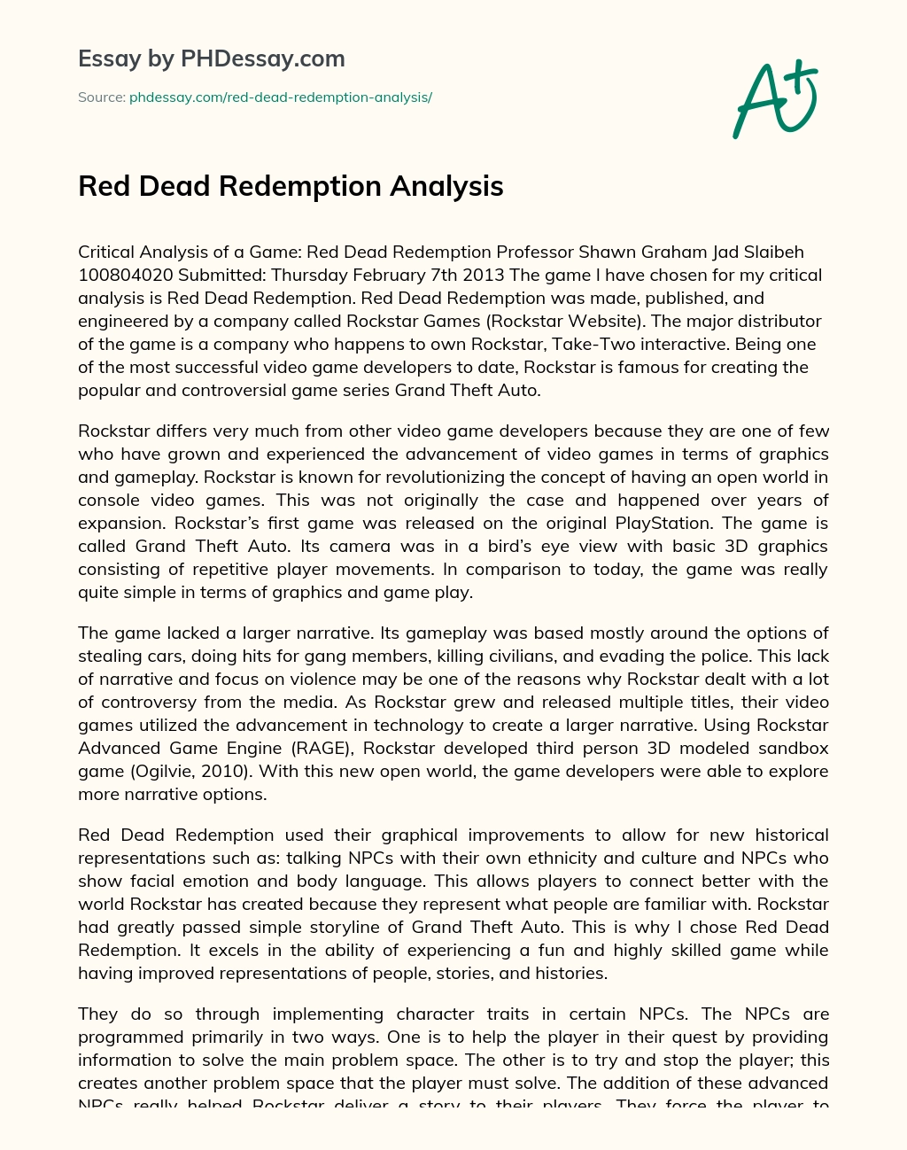 Red Dead Redemption Analysis essay