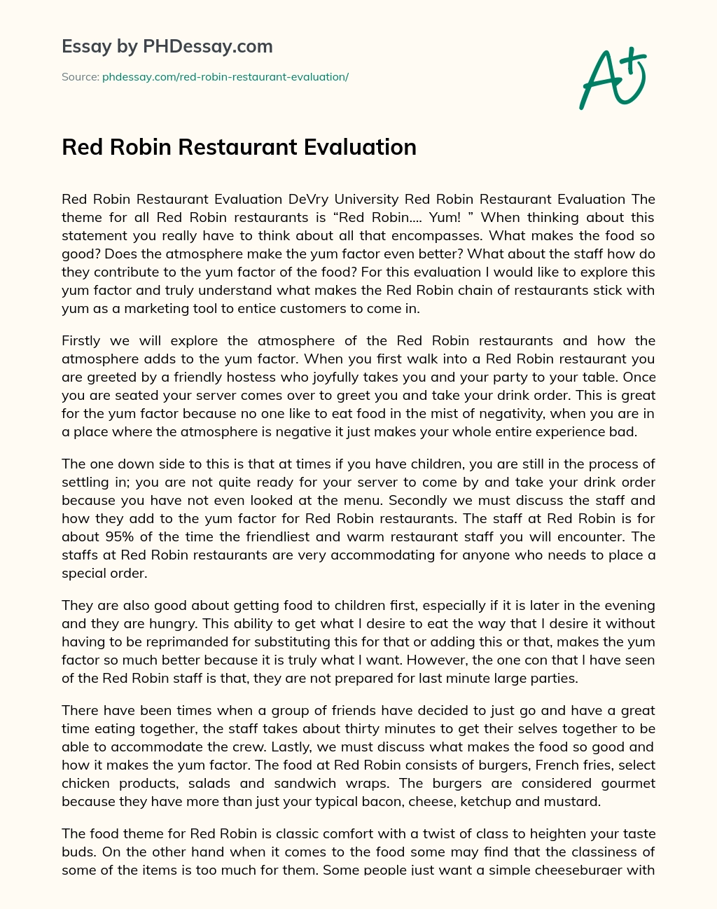 Red Robin Restaurant Evaluation essay
