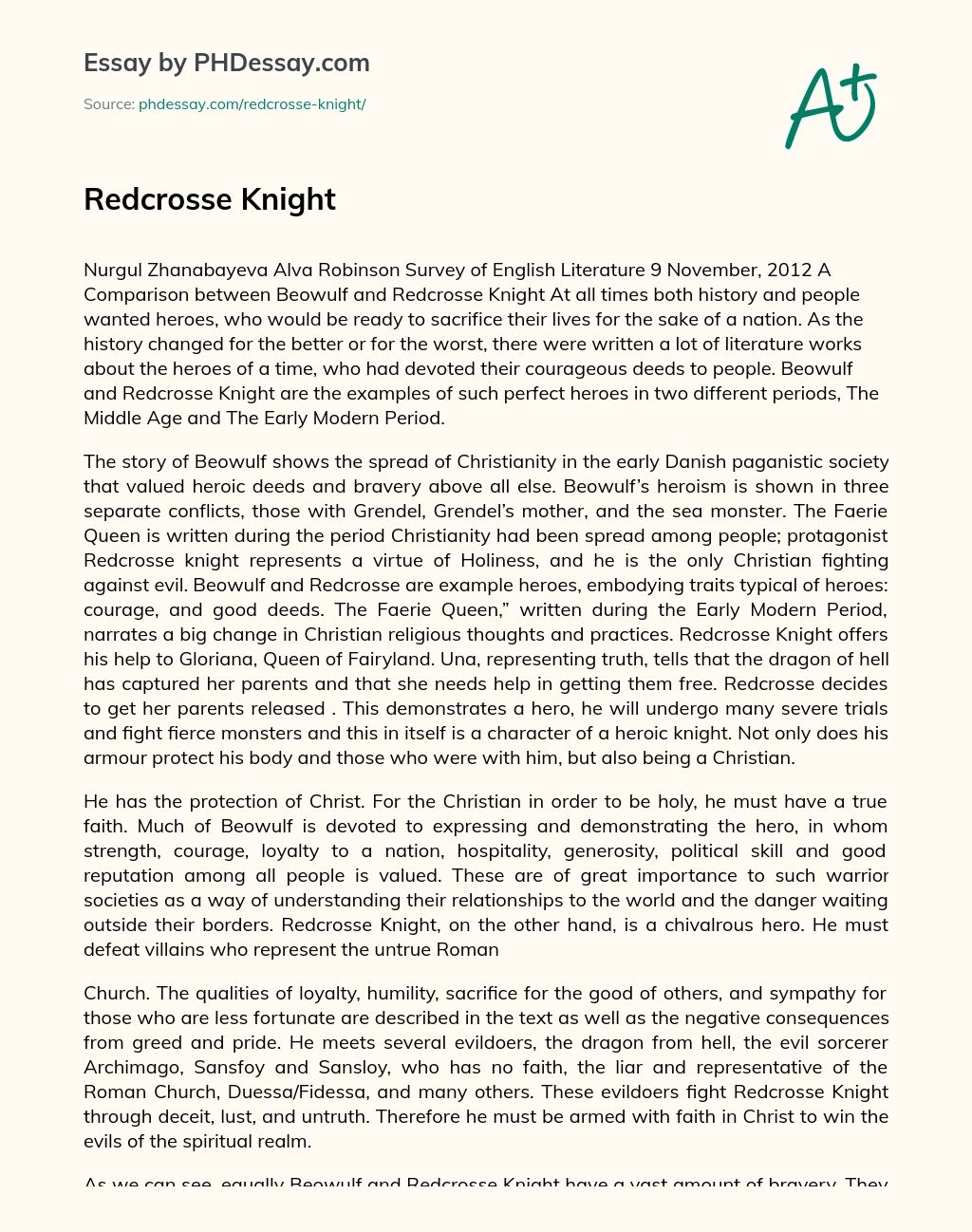 Redcrosse Knight essay