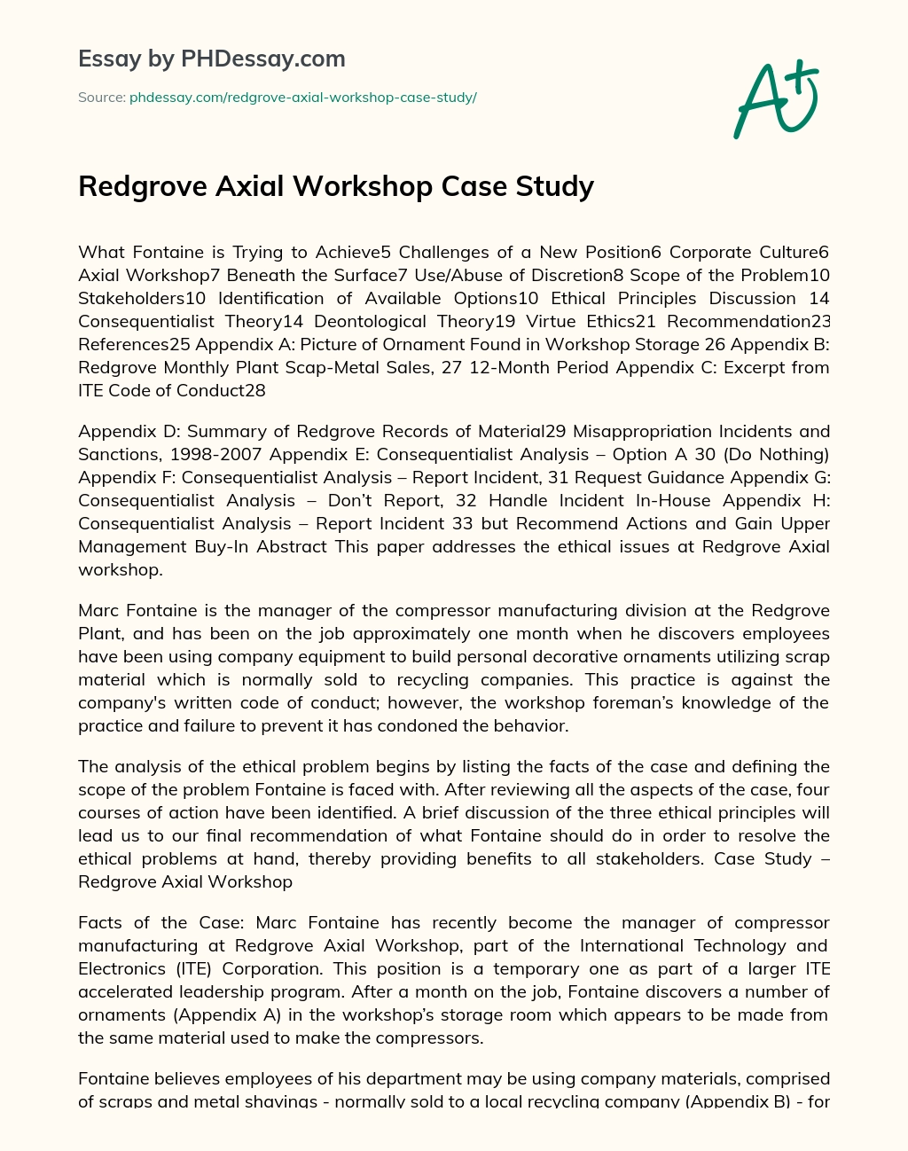 Redgrove Axial Workshop Case Study essay