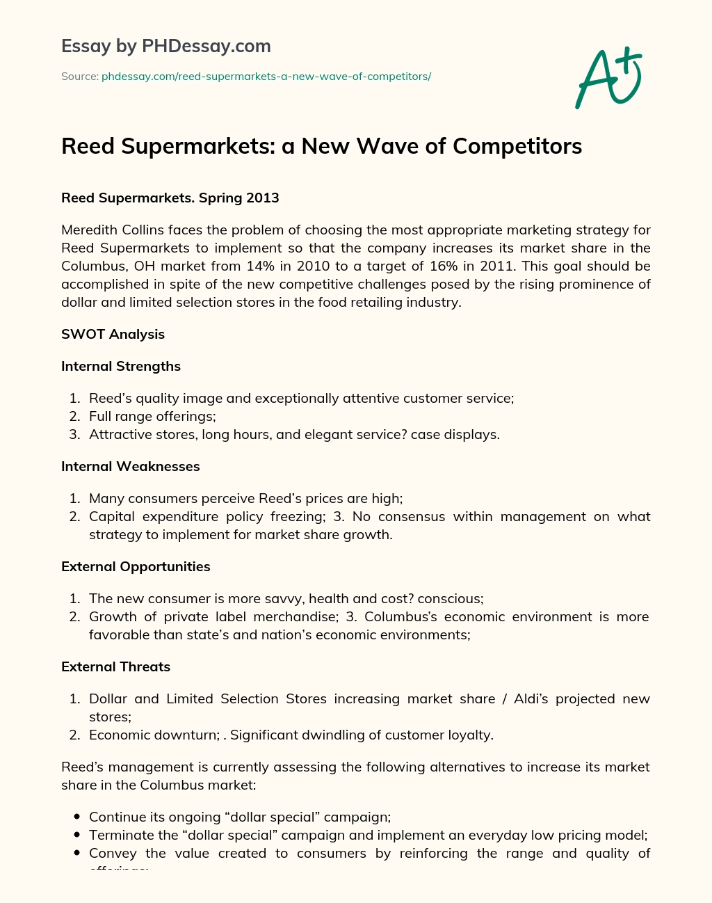 Reed Supermarkets: a New Wave of Competitors essay