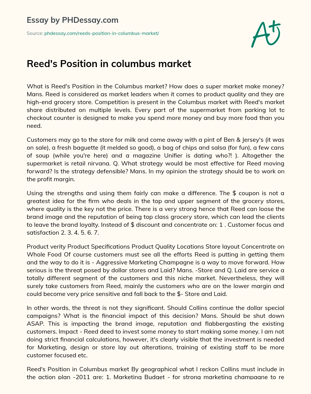 Reed’s Position in columbus market essay