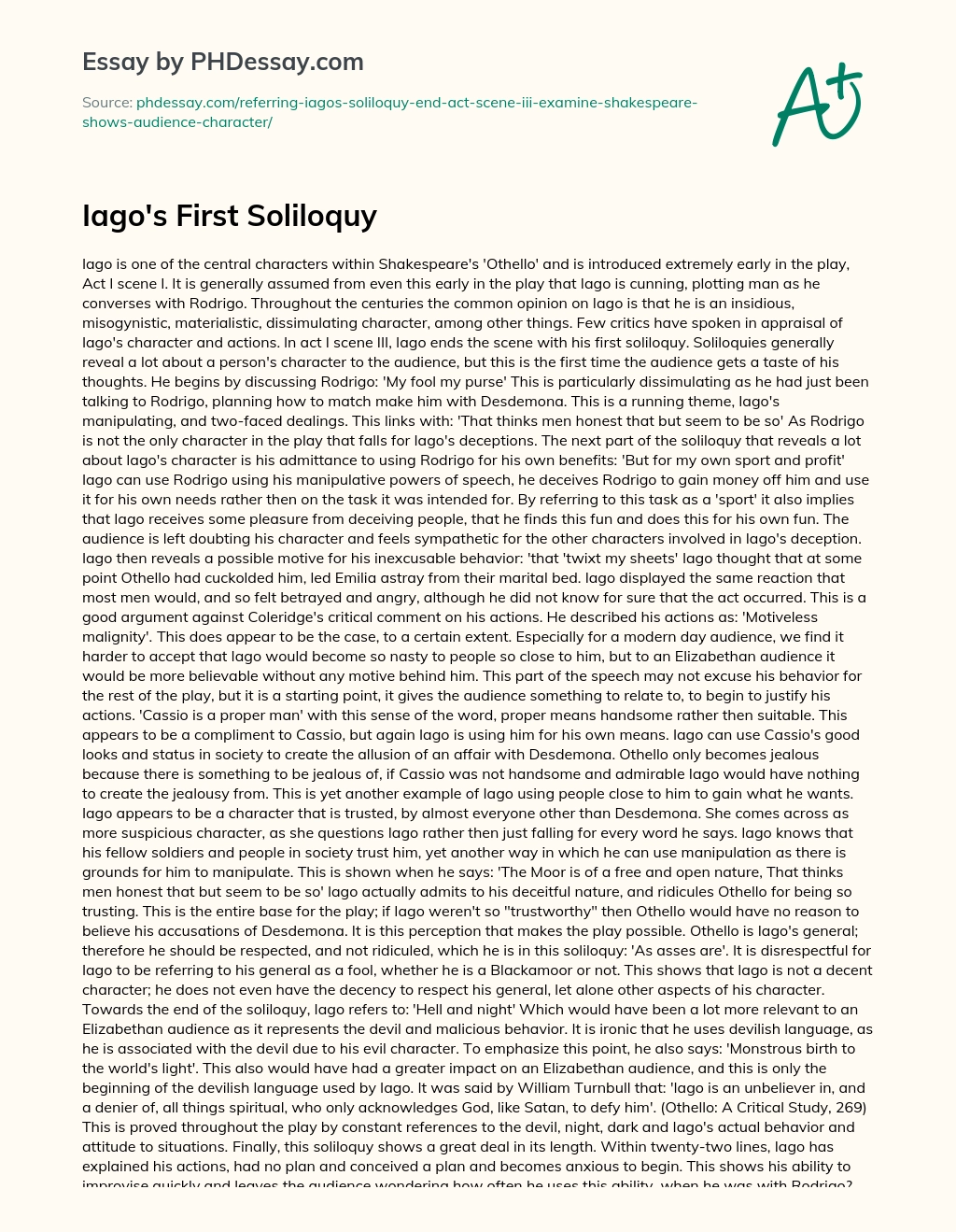 Iago’s First Soliloquy essay