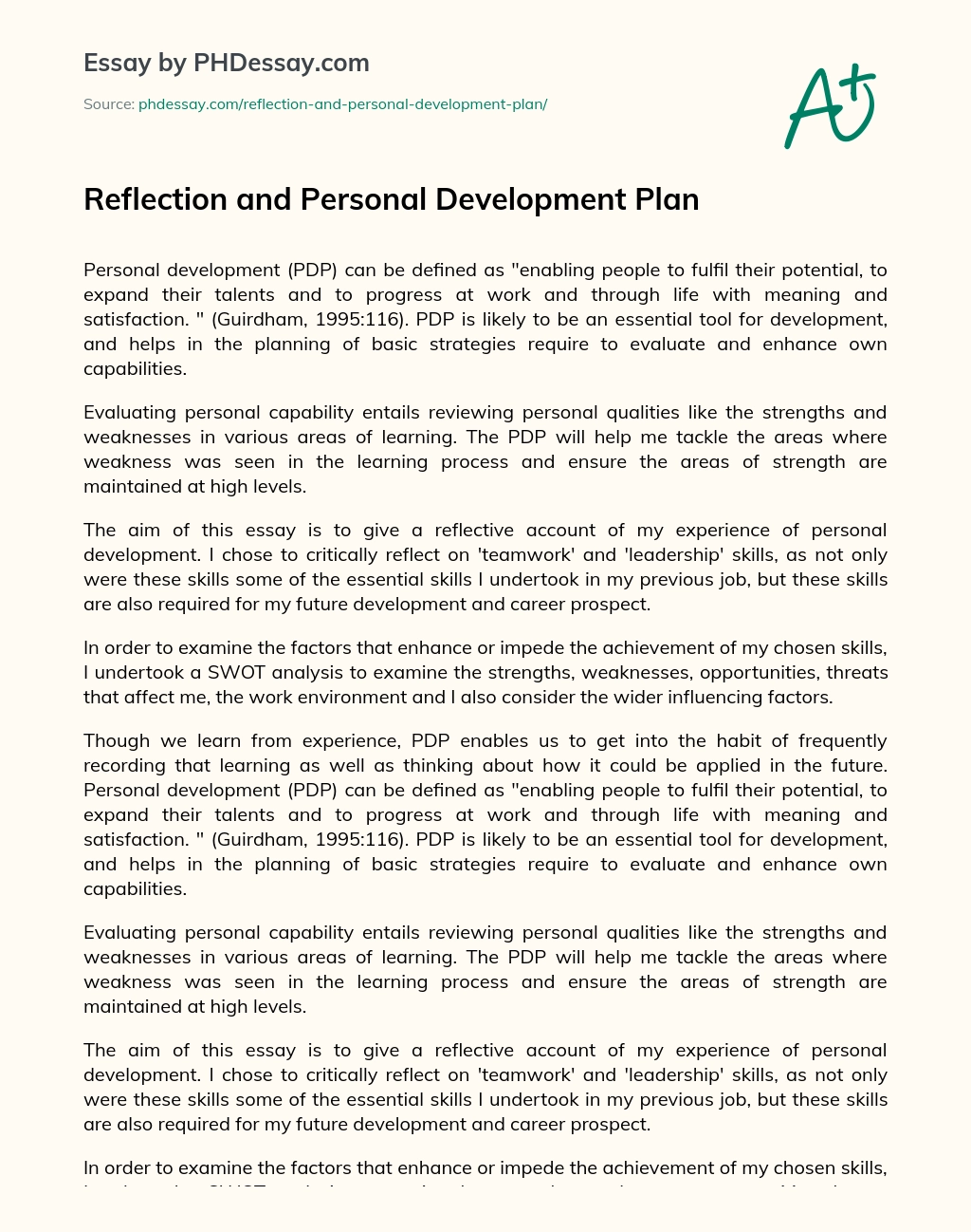 Reflection and Personal Development Plan essay