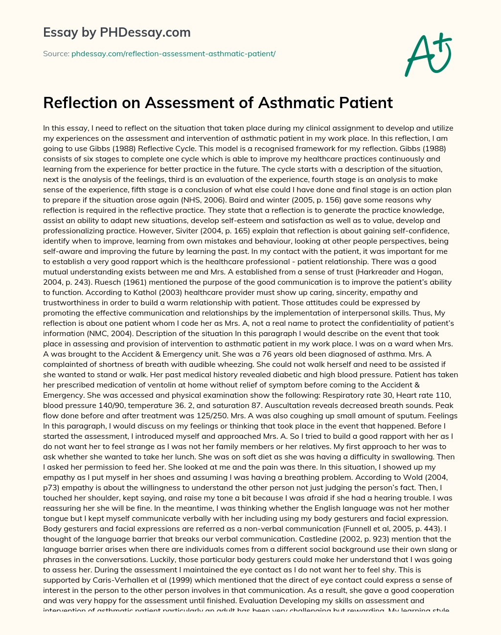 Reflection on Assessment of Asthmatic Patient essay