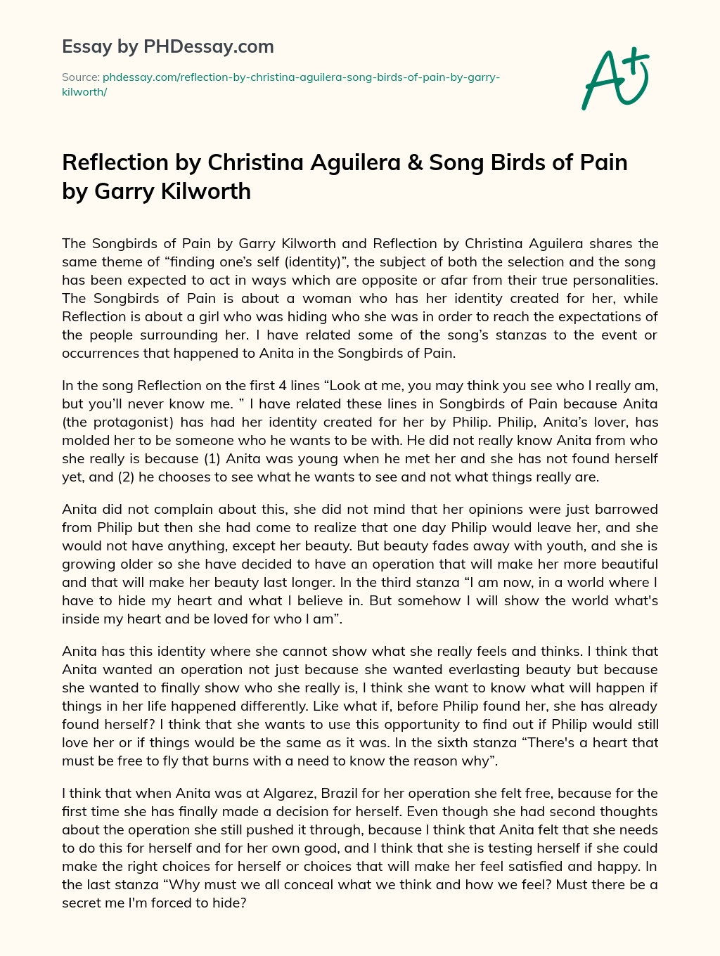 Reflection by Christina Aguilera & Song Birds of Pain by Garry Kilworth essay