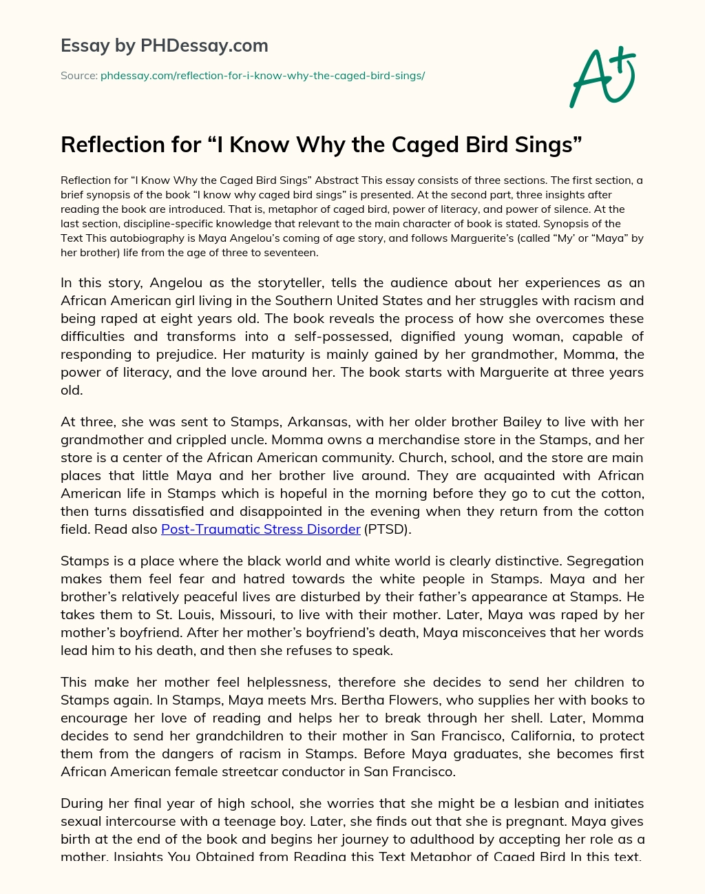 Reflection for “I Know Why the Caged Bird Sings” essay
