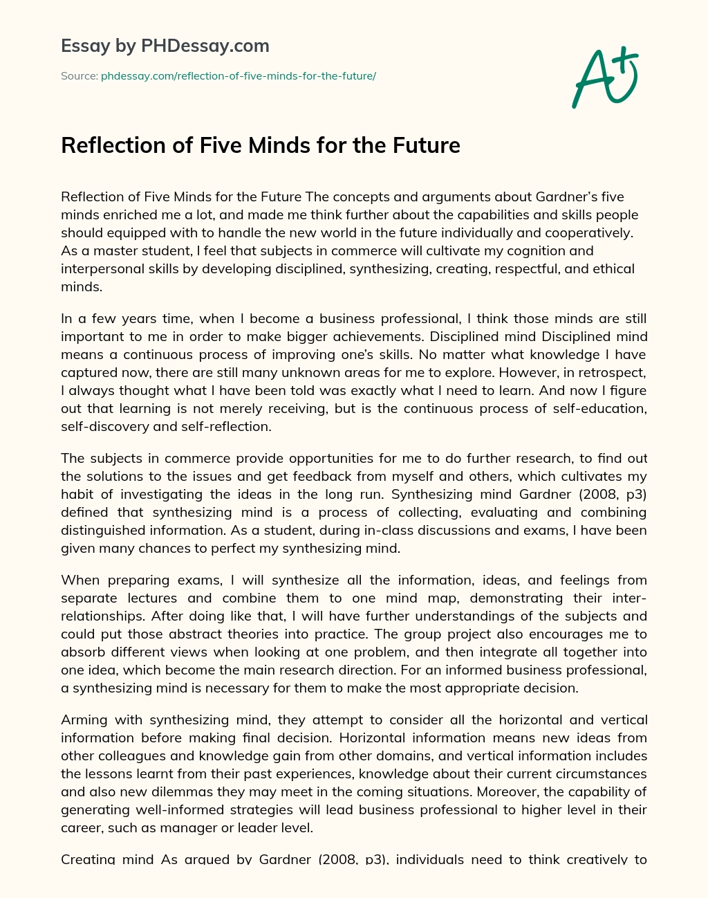 Reflection of Five Minds for the Future essay