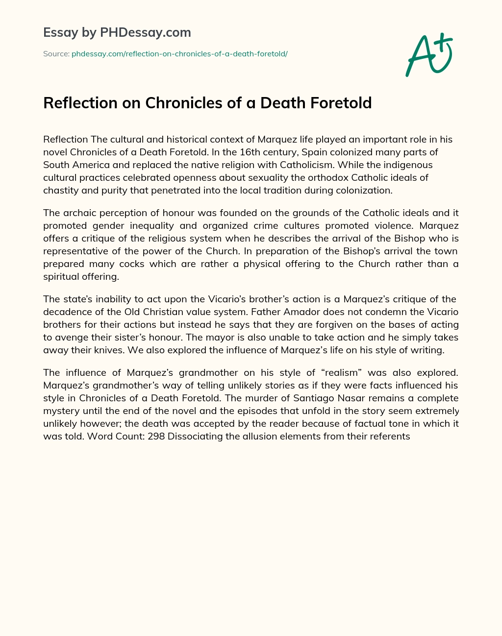 Reflection on Chronicles of a Death Foretold essay