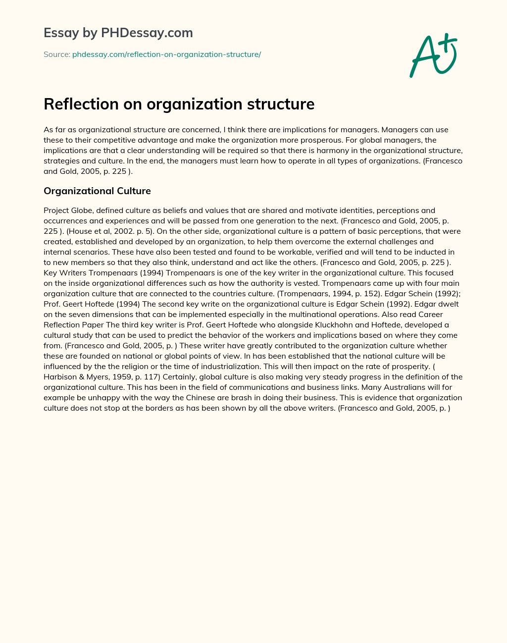 Reflection on organization structure essay