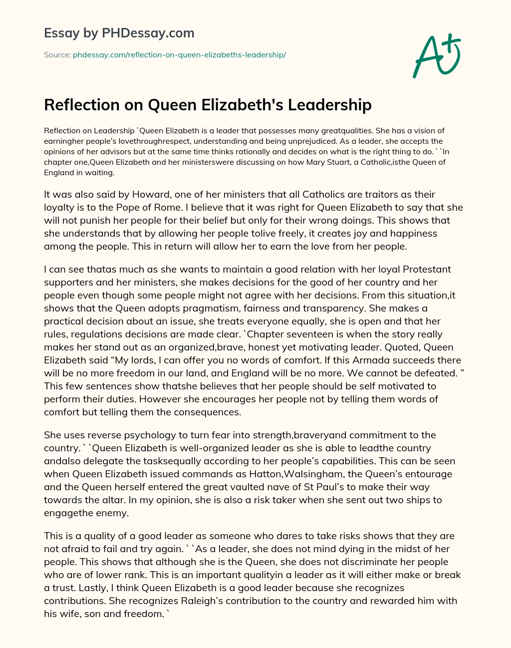 Reflection on Queen Elizabeth’s Leadership essay