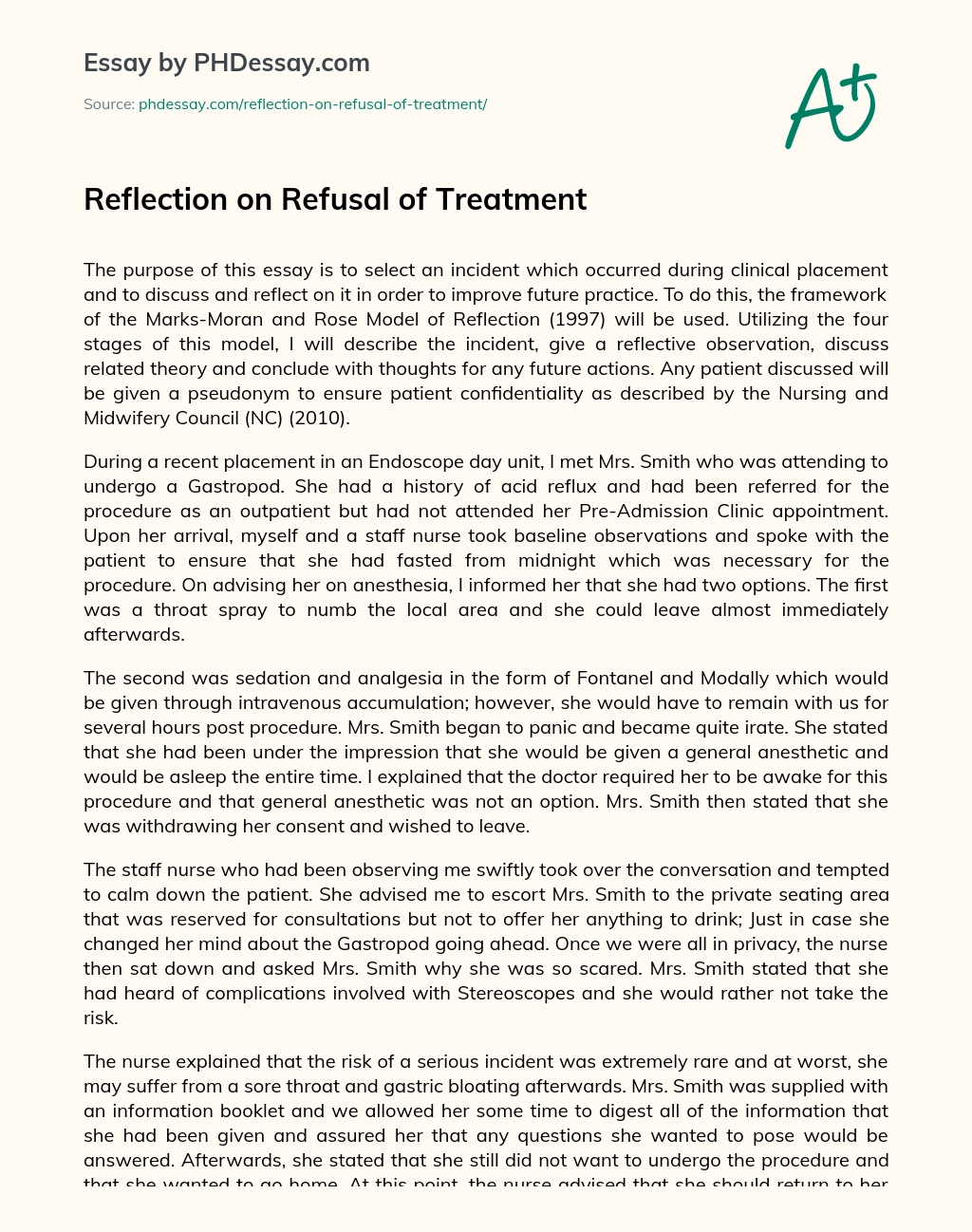 Reflection on Refusal of Treatment essay