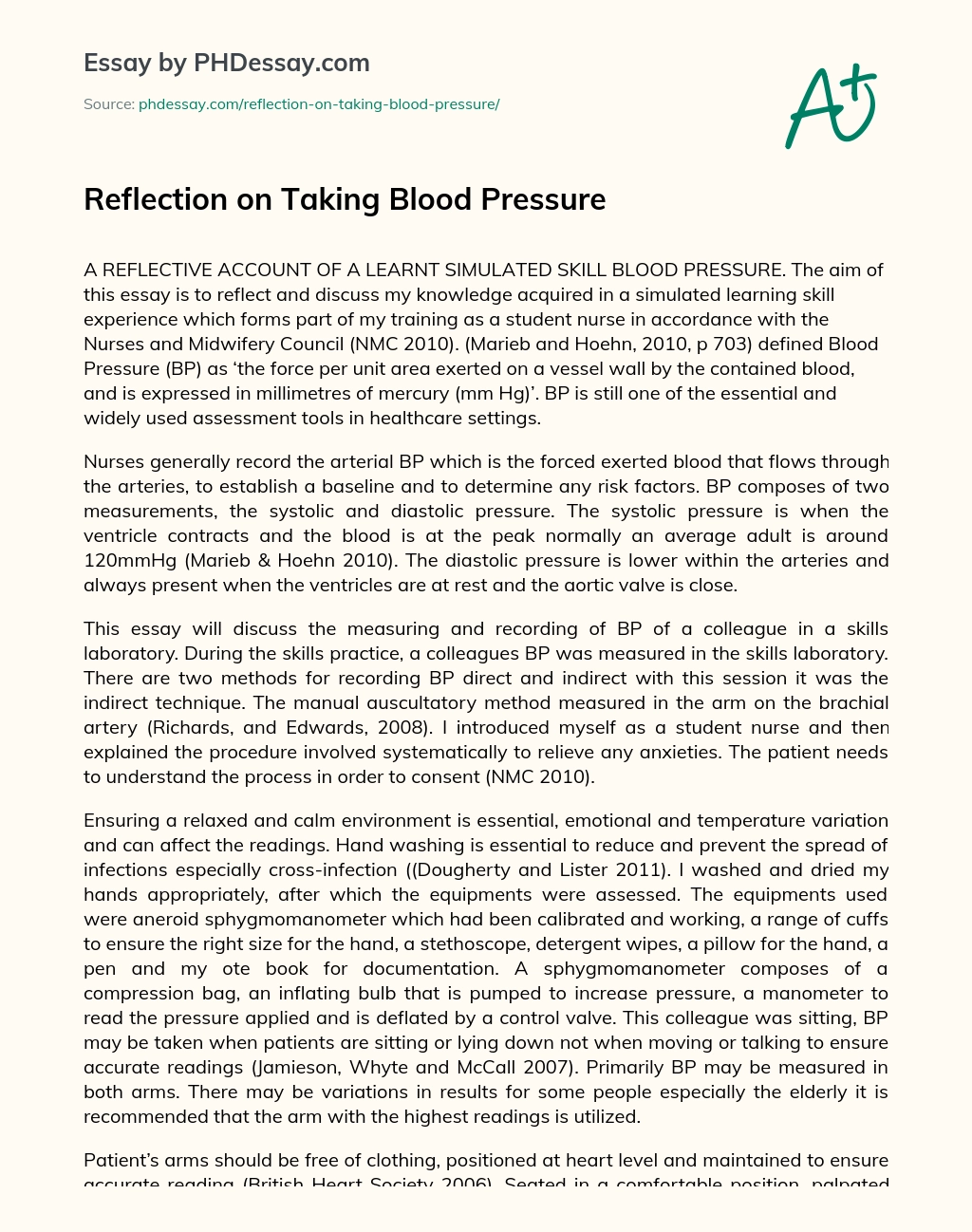 Reflection on Taking Blood Pressure essay