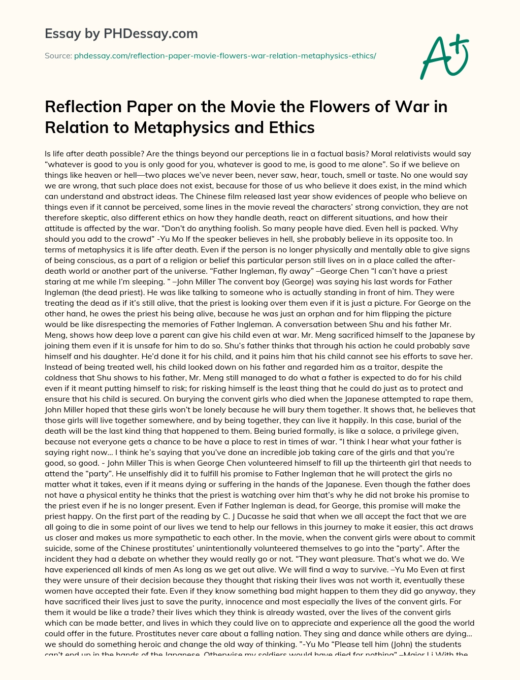 Reflection Paper on the Movie the Flowers of War in Relation to Metaphysics and Ethics essay