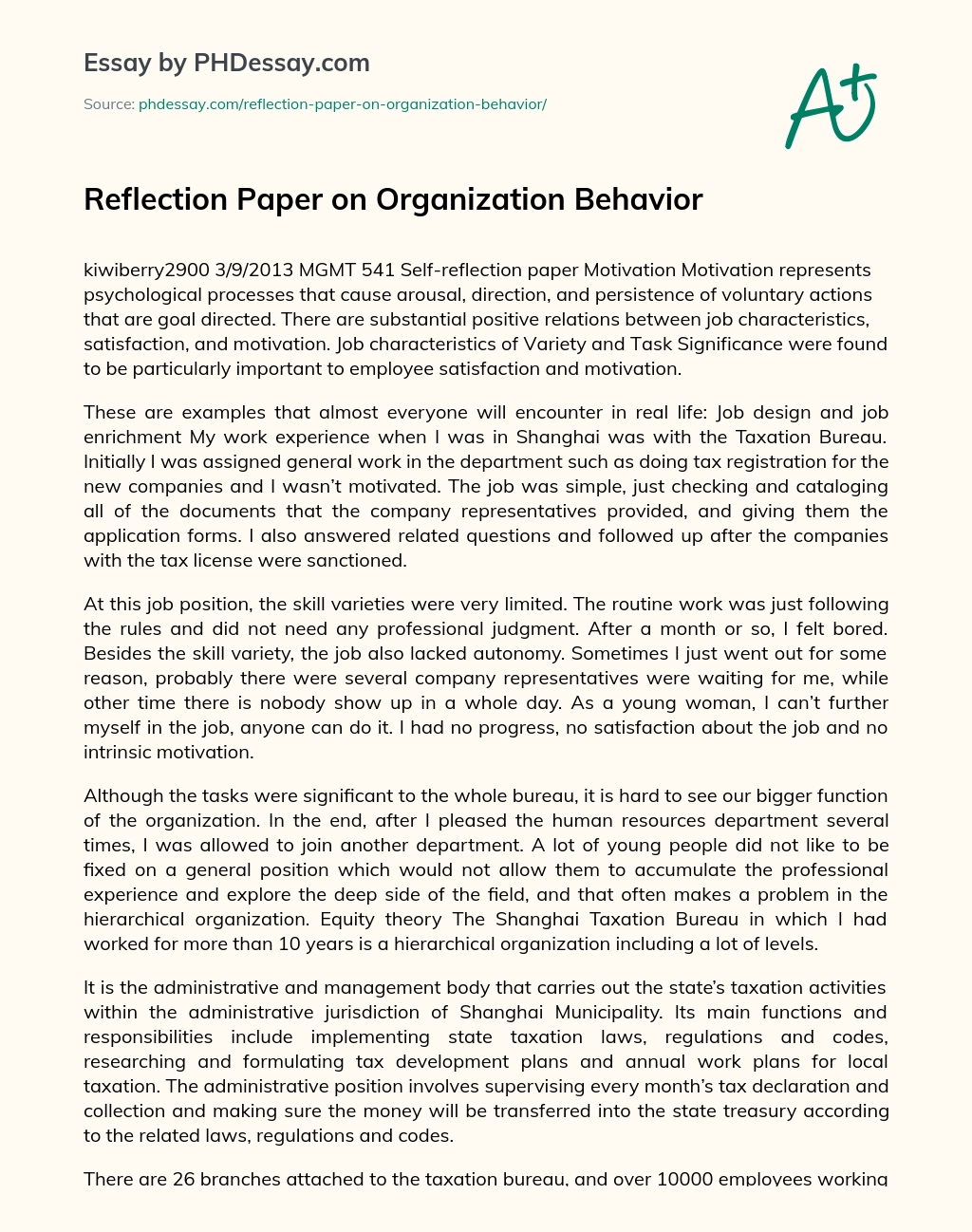 Reflection Paper on Organization Behavior essay