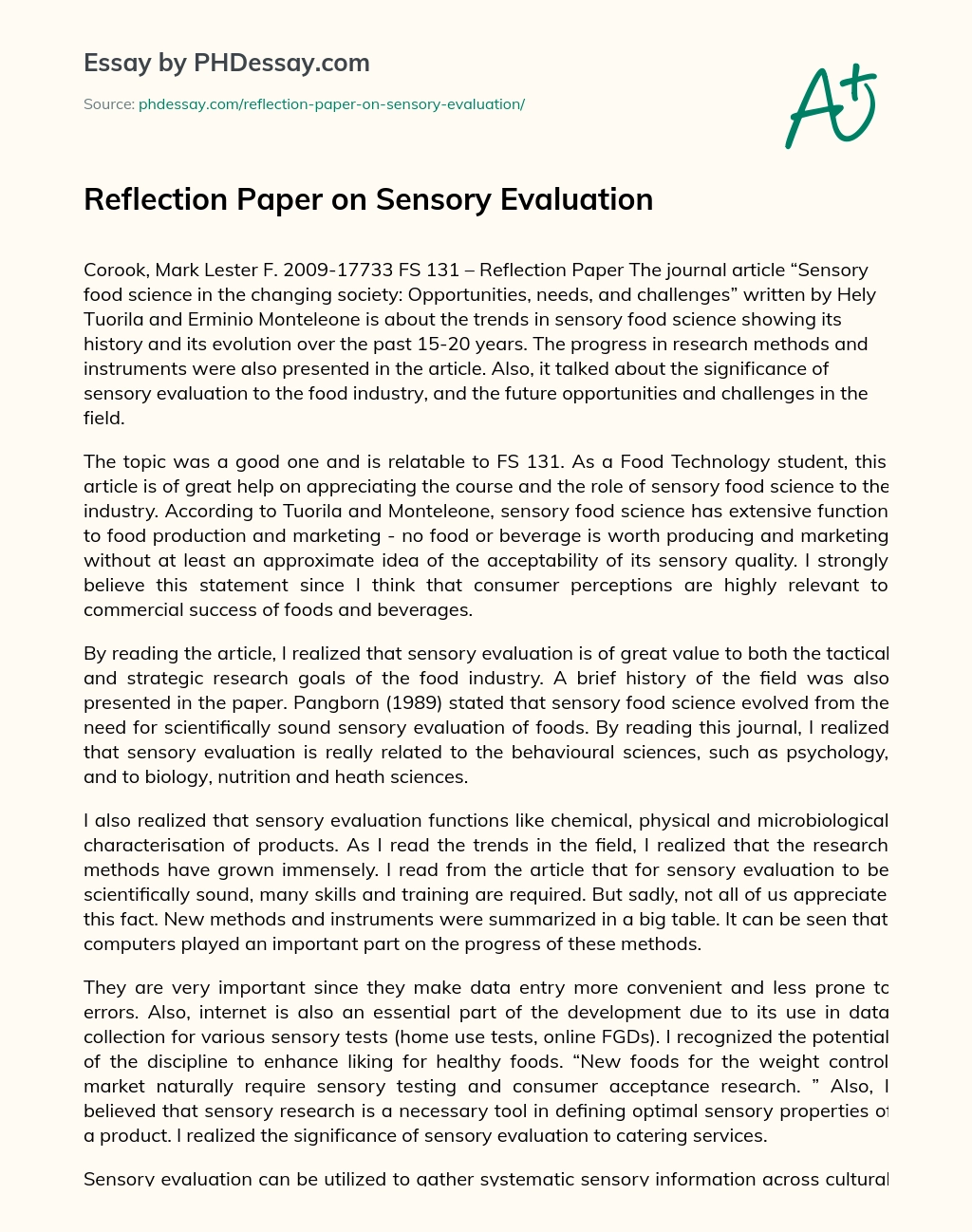 Reflection Paper on Sensory Evaluation essay