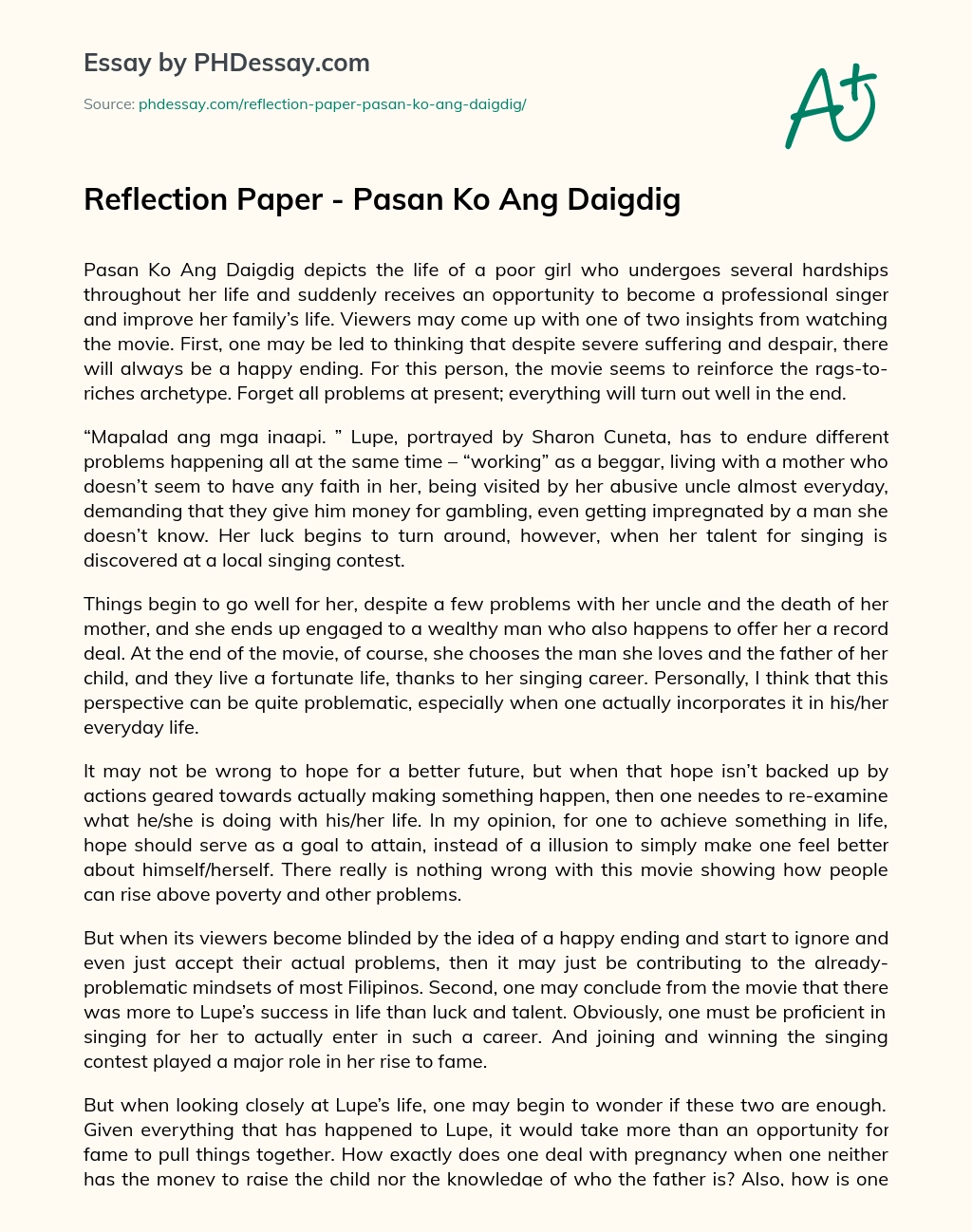 Reflection Paper – Pasan Ko Ang Daigdig essay