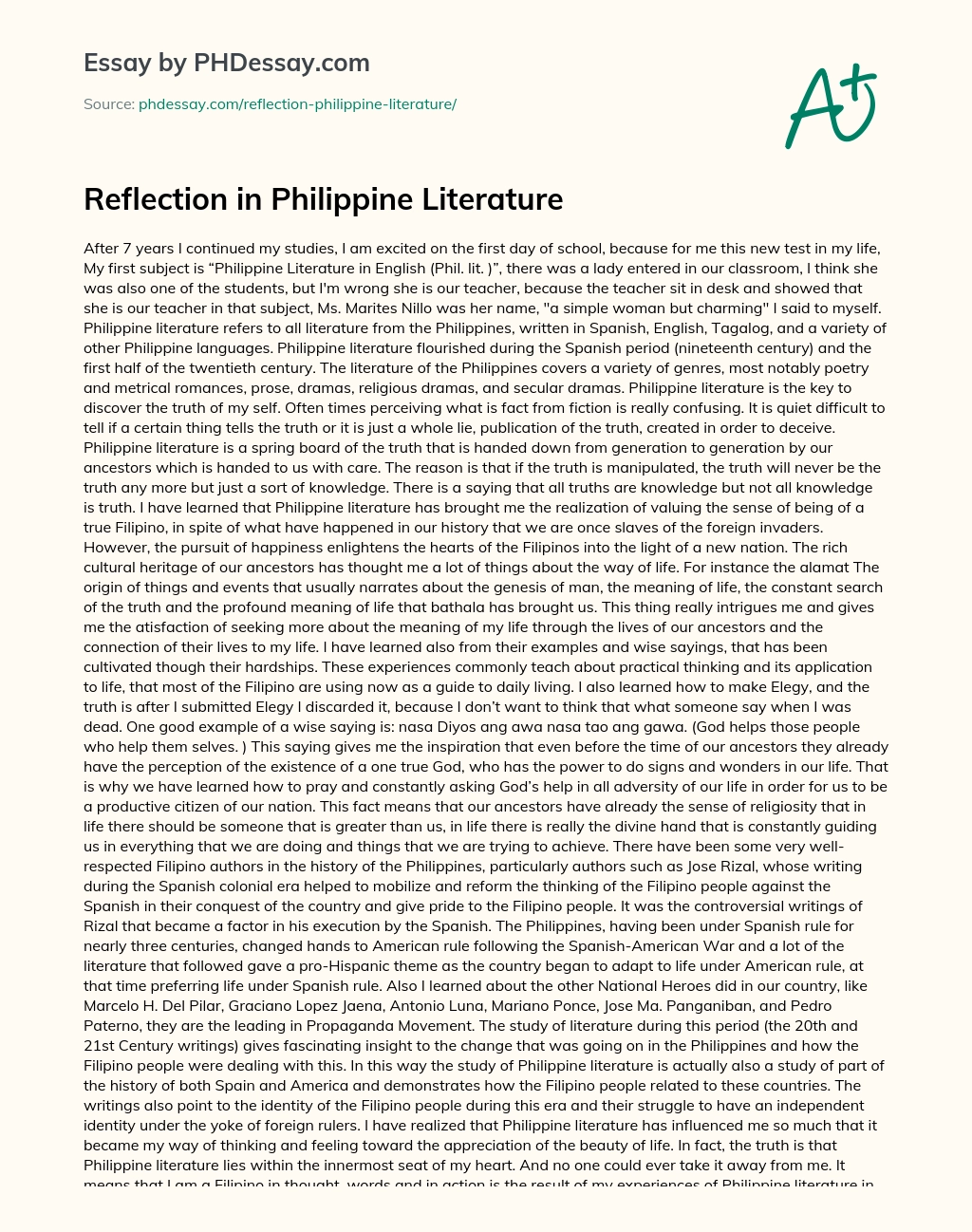Reflection in Philippine Literature essay