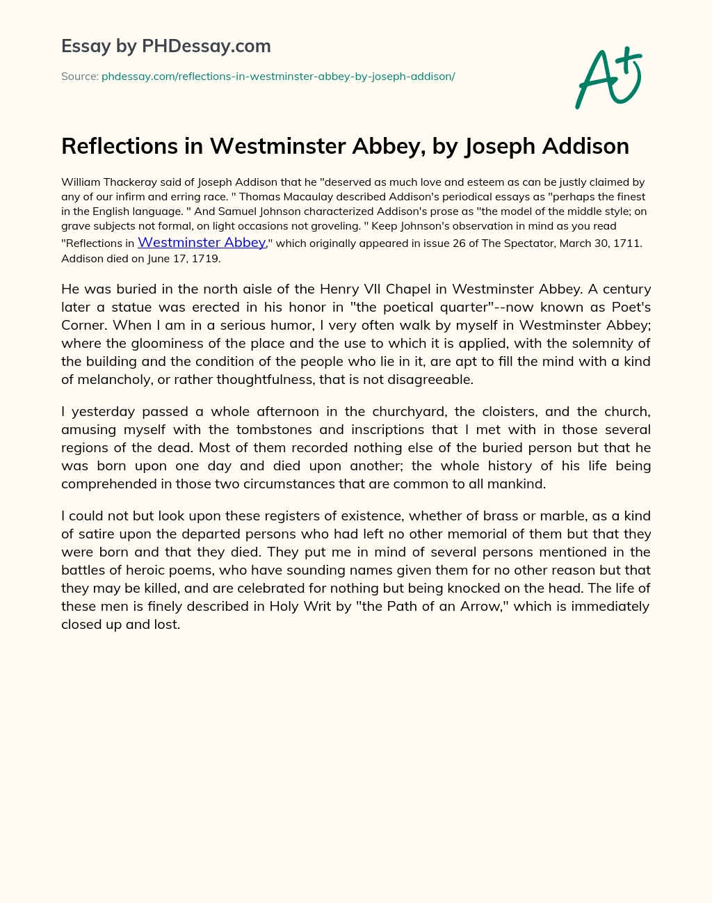 Reflections in Westminster Abbey, by Joseph Addison essay