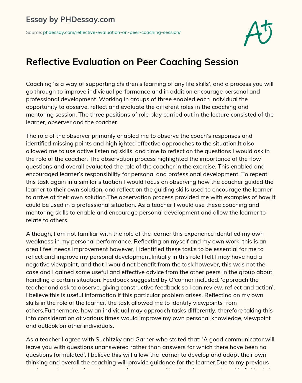 Reflective Evaluation on Peer Coaching Session essay