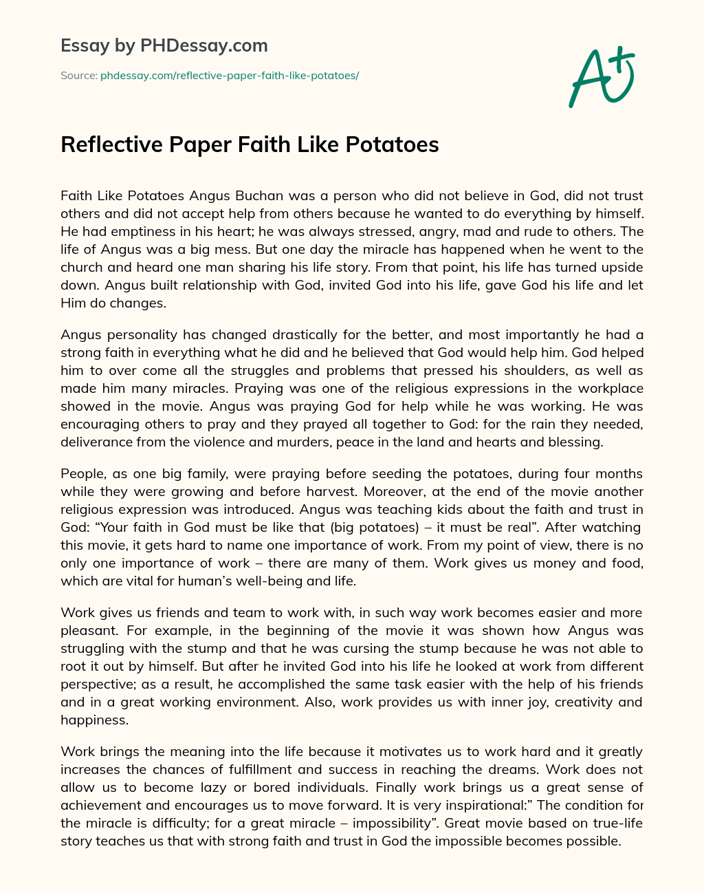 Reflective Paper Faith Like Potatoes essay
