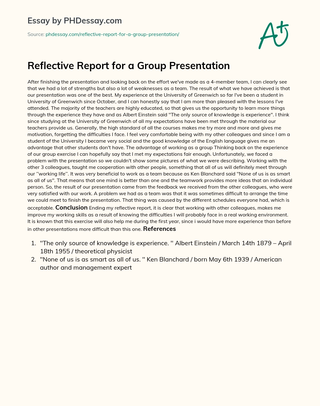 Reflective Report for a Group Presentation essay