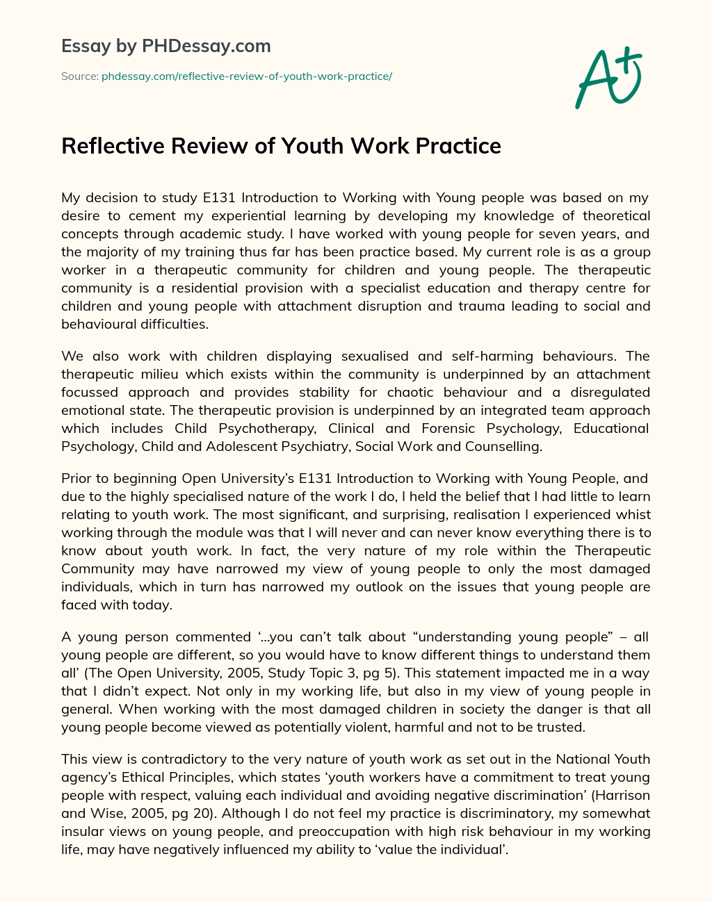 Reflective Review of Youth Work Practice essay
