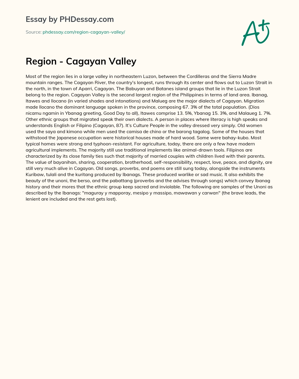 Region – Cagayan Valley essay