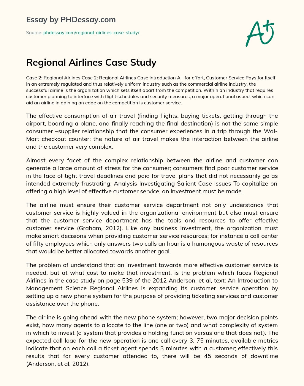 Regional Airlines Case Study essay