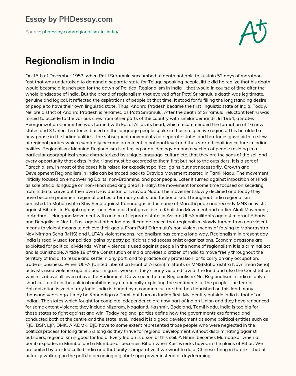 Regionalism in India essay