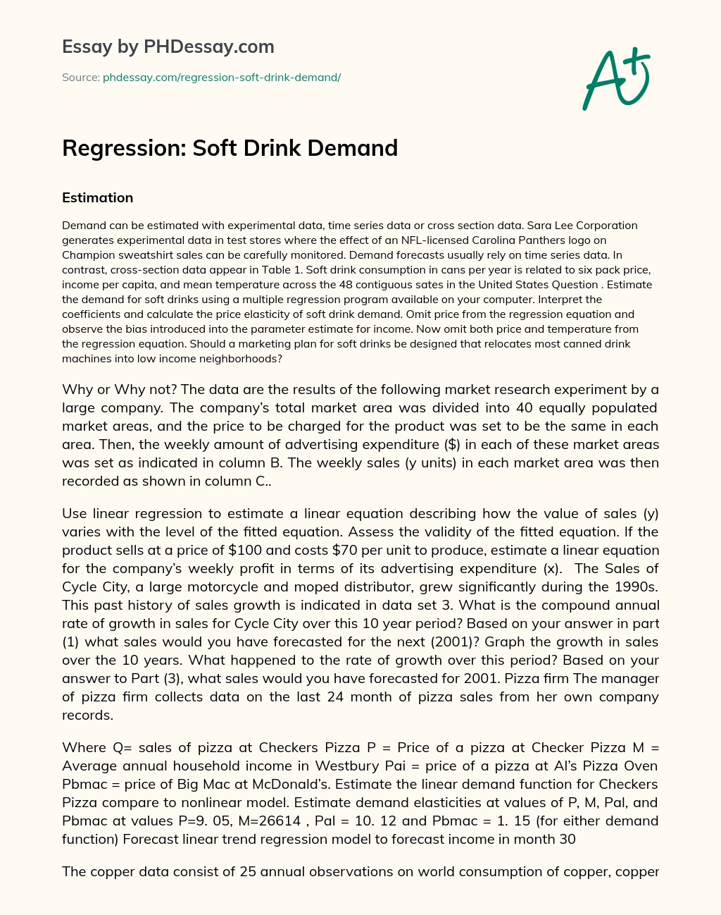 Regression: Soft Drink Demand essay