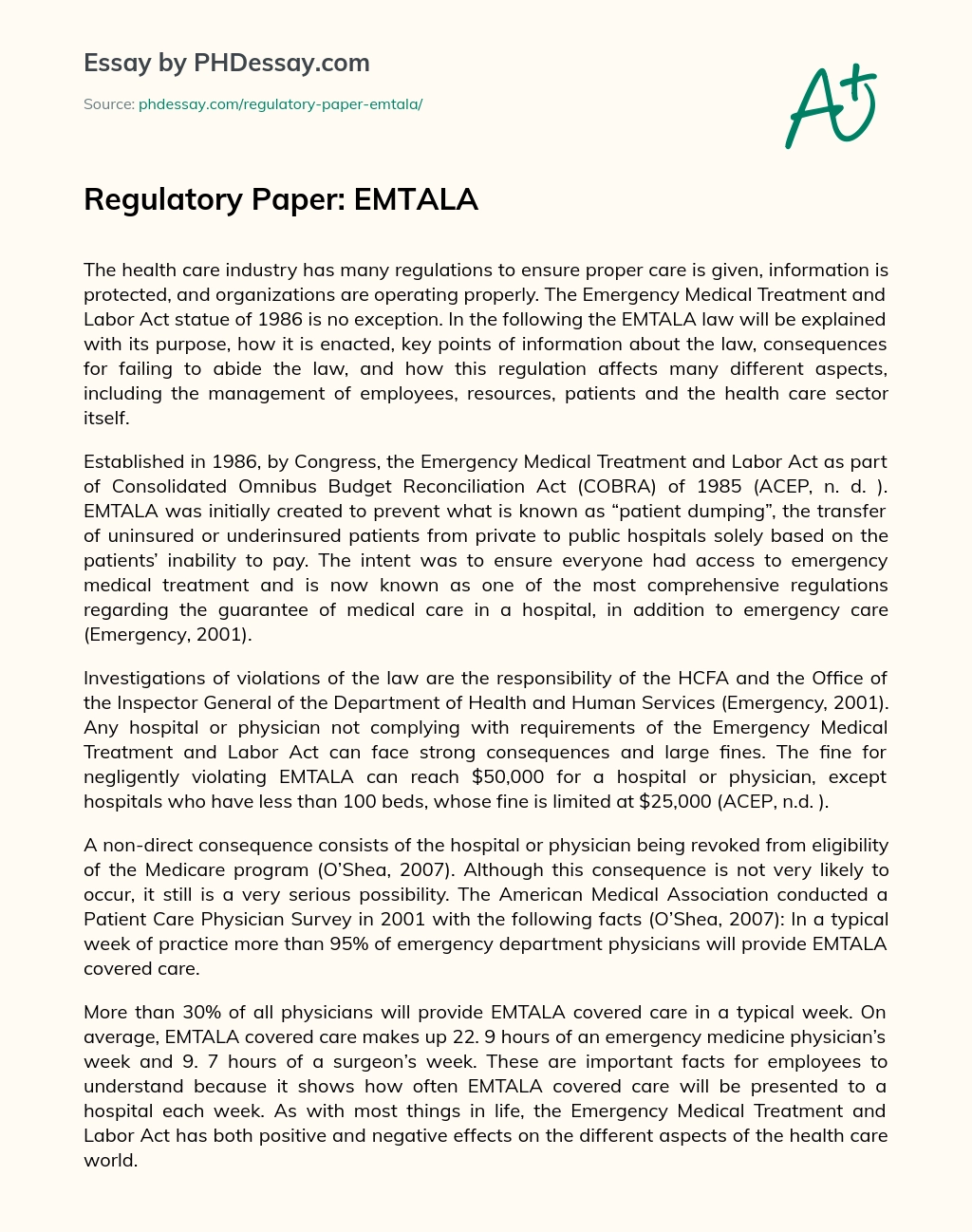 Regulatory Paper: EMTALA essay