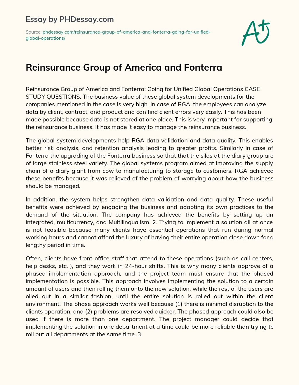 Reinsurance Group of America and Fonterra essay