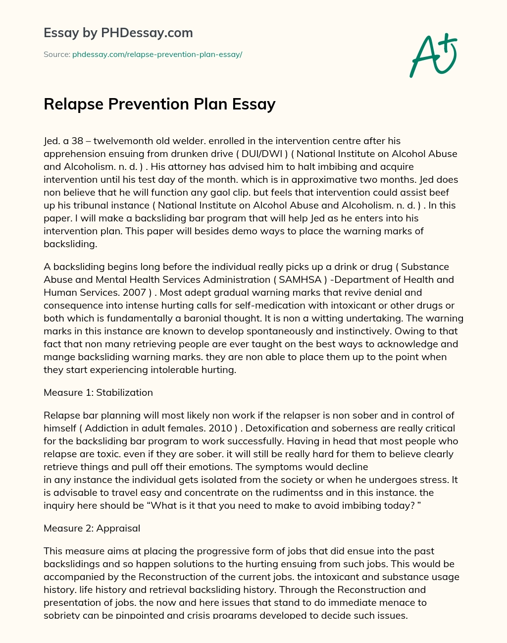 Relapse Prevention Plan Essay essay