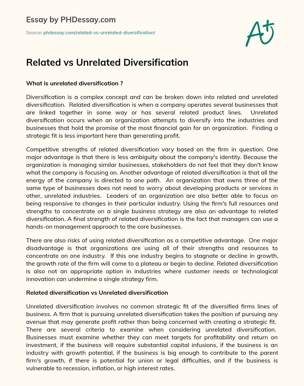 Related vs Unrelated Diversification essay