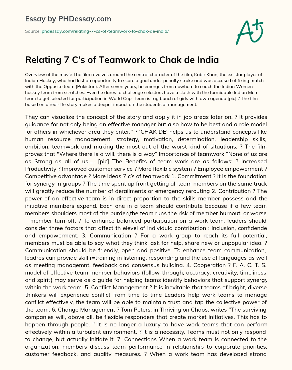 Relating 7 C’s of Teamwork to Chak de India essay