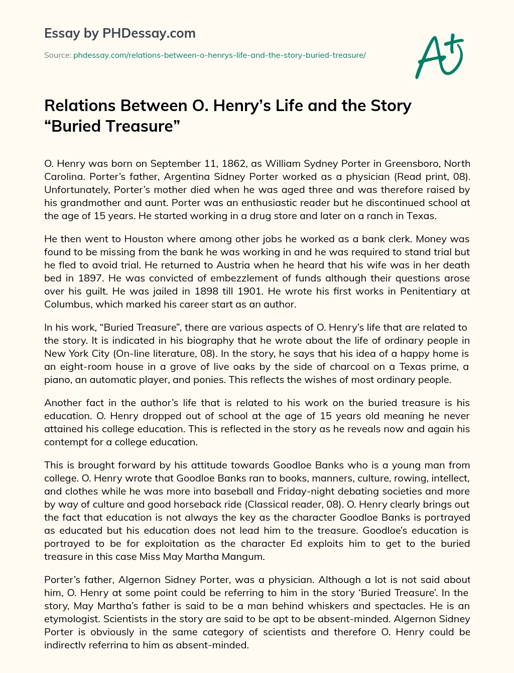 Relations Between O. Henry’s Life and the Story “Buried Treasure” essay