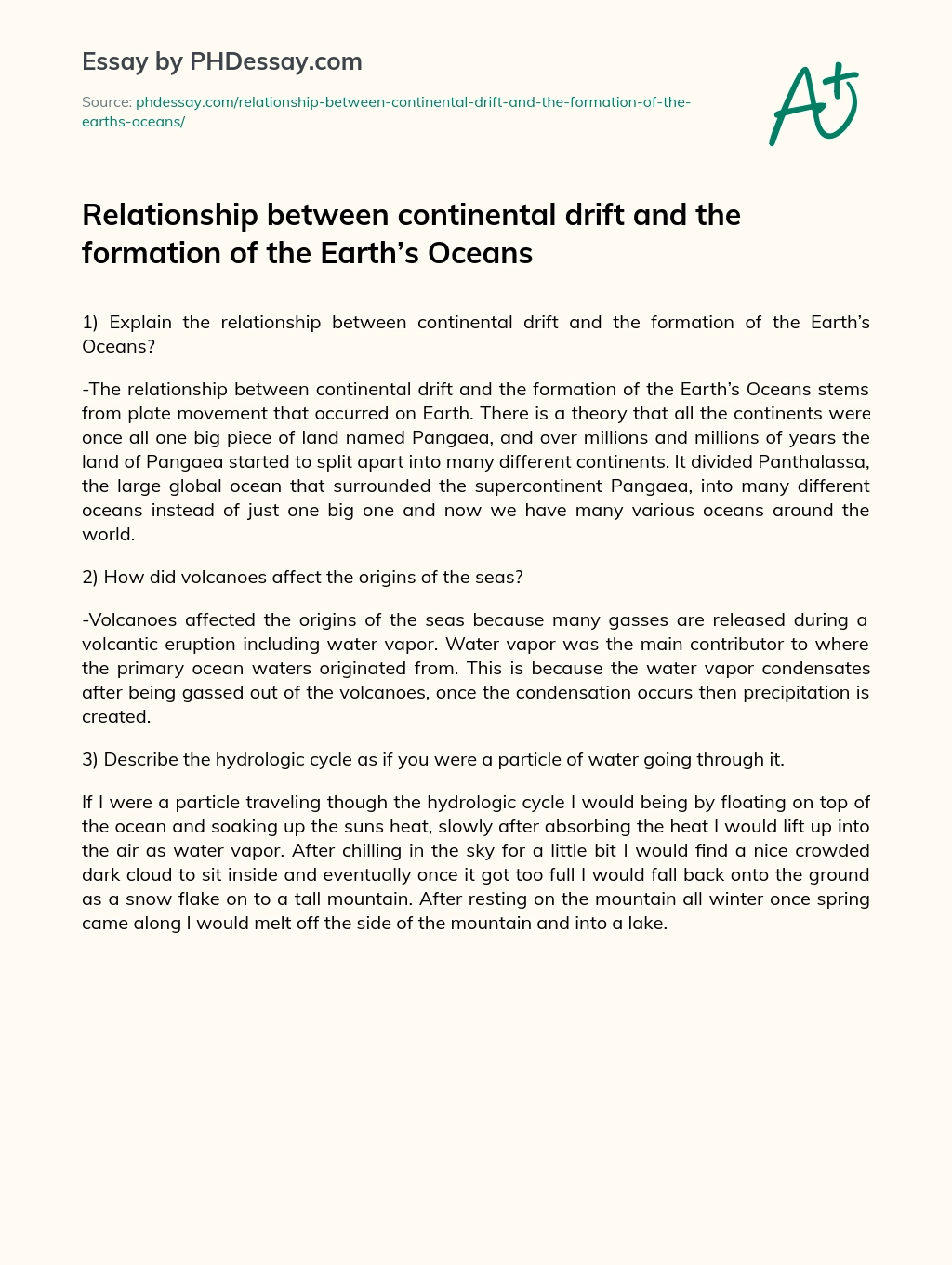 Relationship between continental drift and the formation of the Earth’s Oceans essay