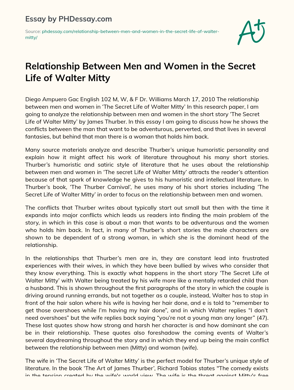 Relationship Between Men and Women in the Secret Life of Walter Mitty essay