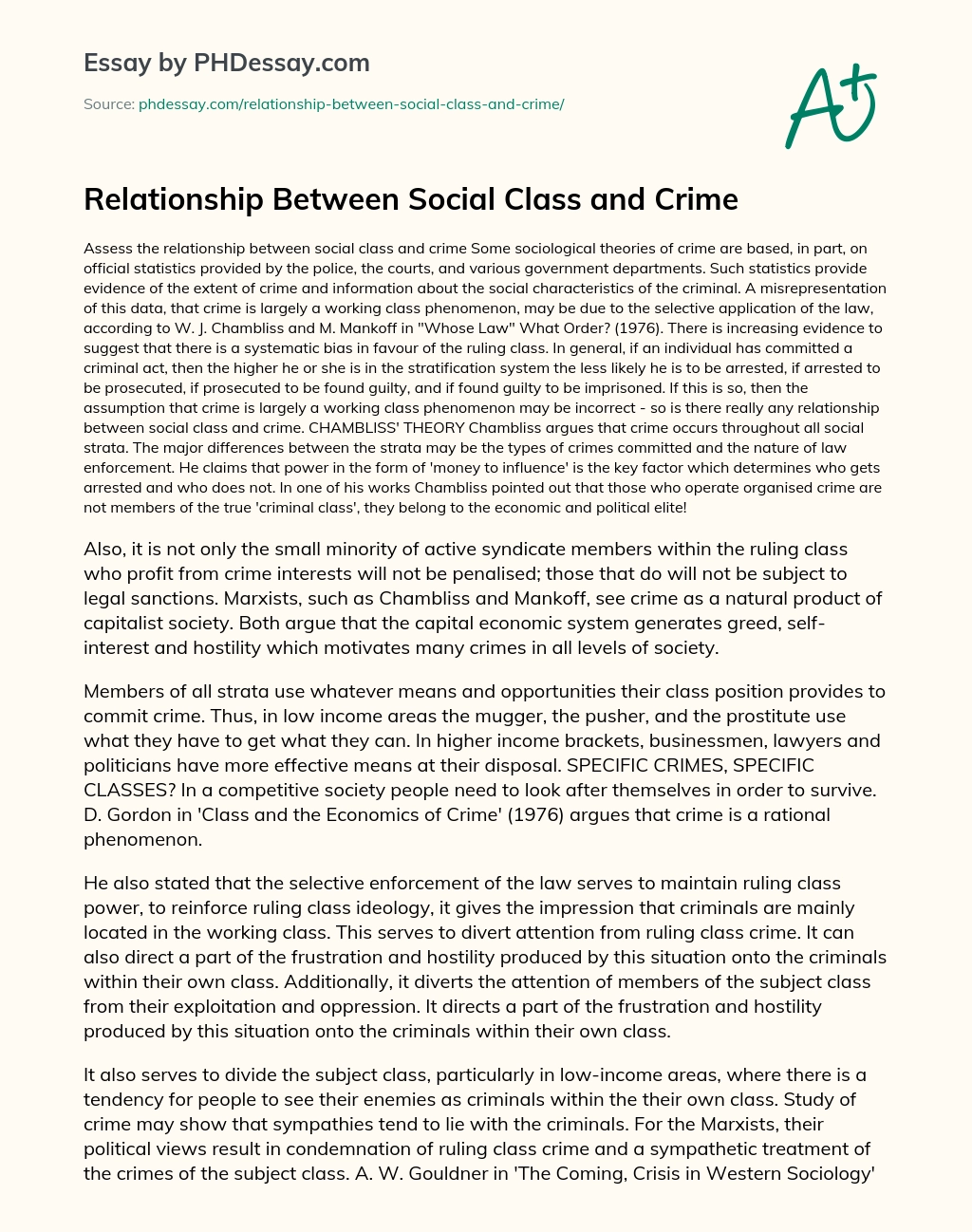 Relationship Between Social Class and Crime essay