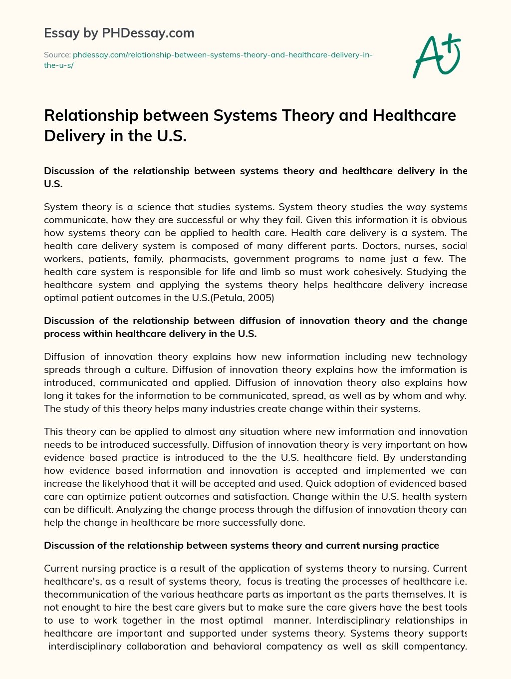 Relationship between Systems Theory and Healthcare Delivery in the U.S. essay
