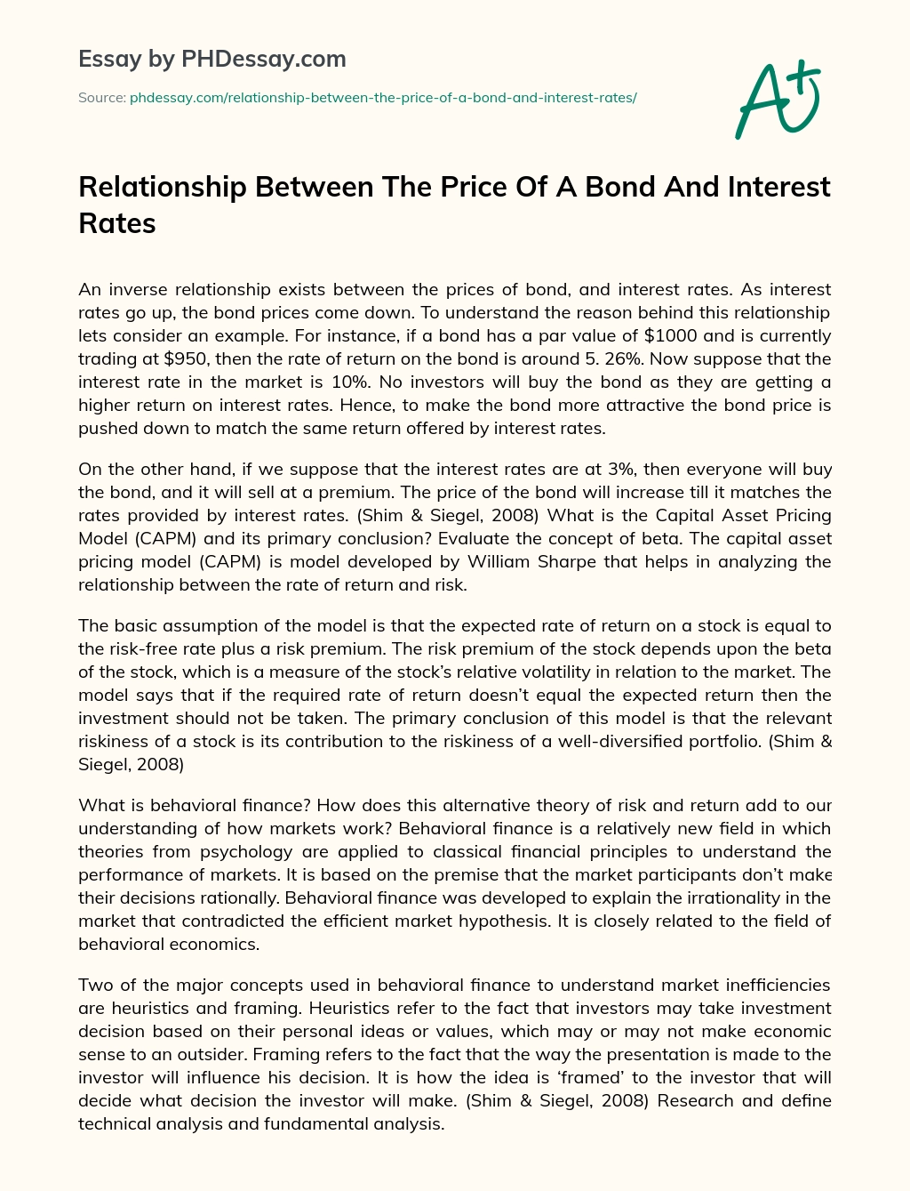 Relationship Between The Price Of A Bond And Interest Rates essay