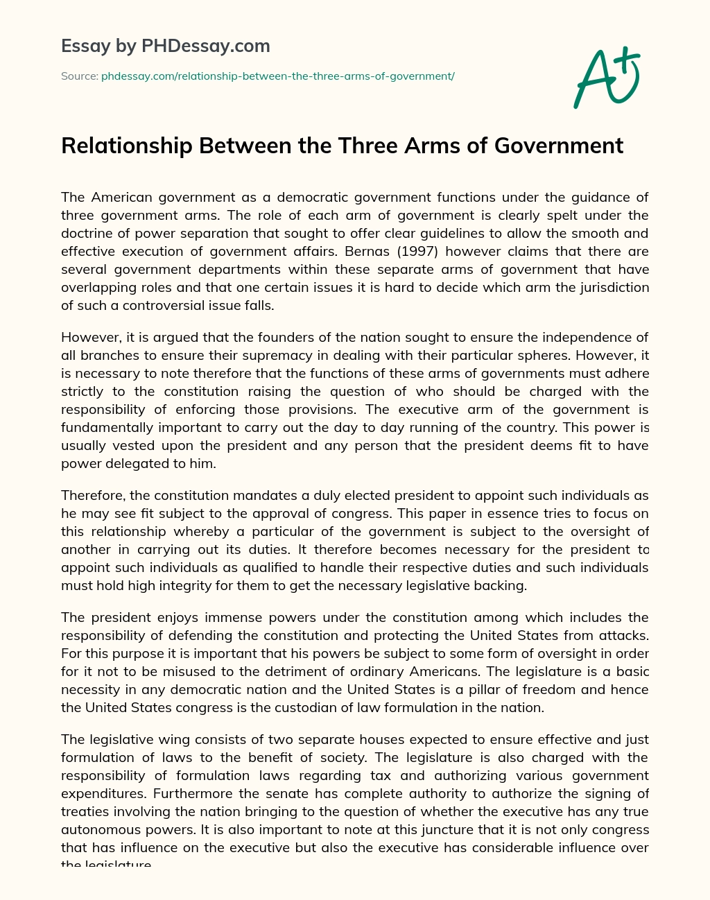 Relationship Between the Three Arms of Government essay