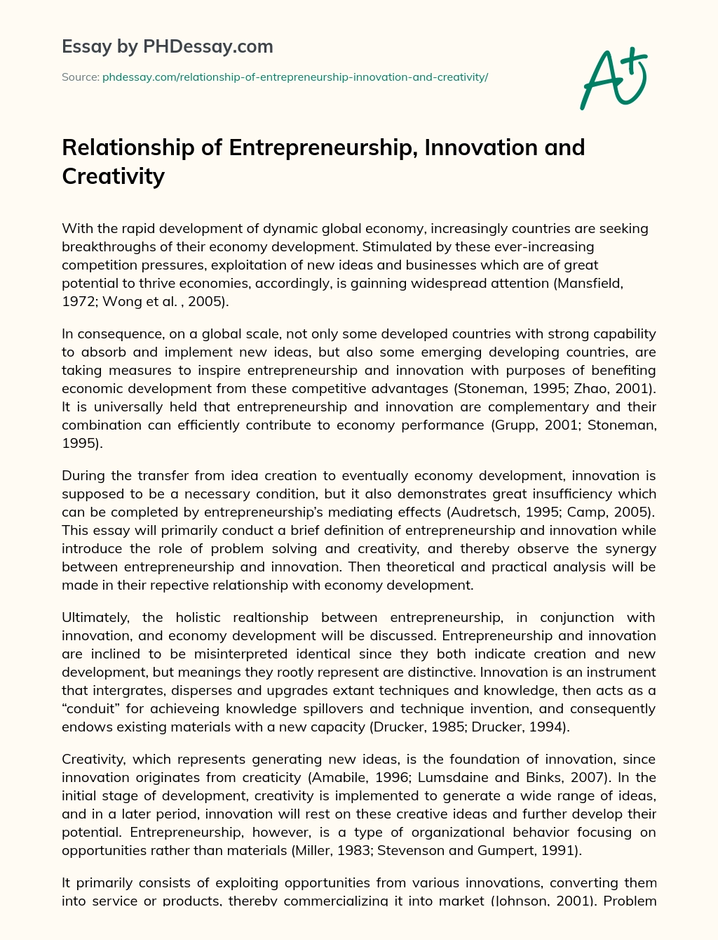 Relationship of Entrepreneurship, Innovation and Creativity essay