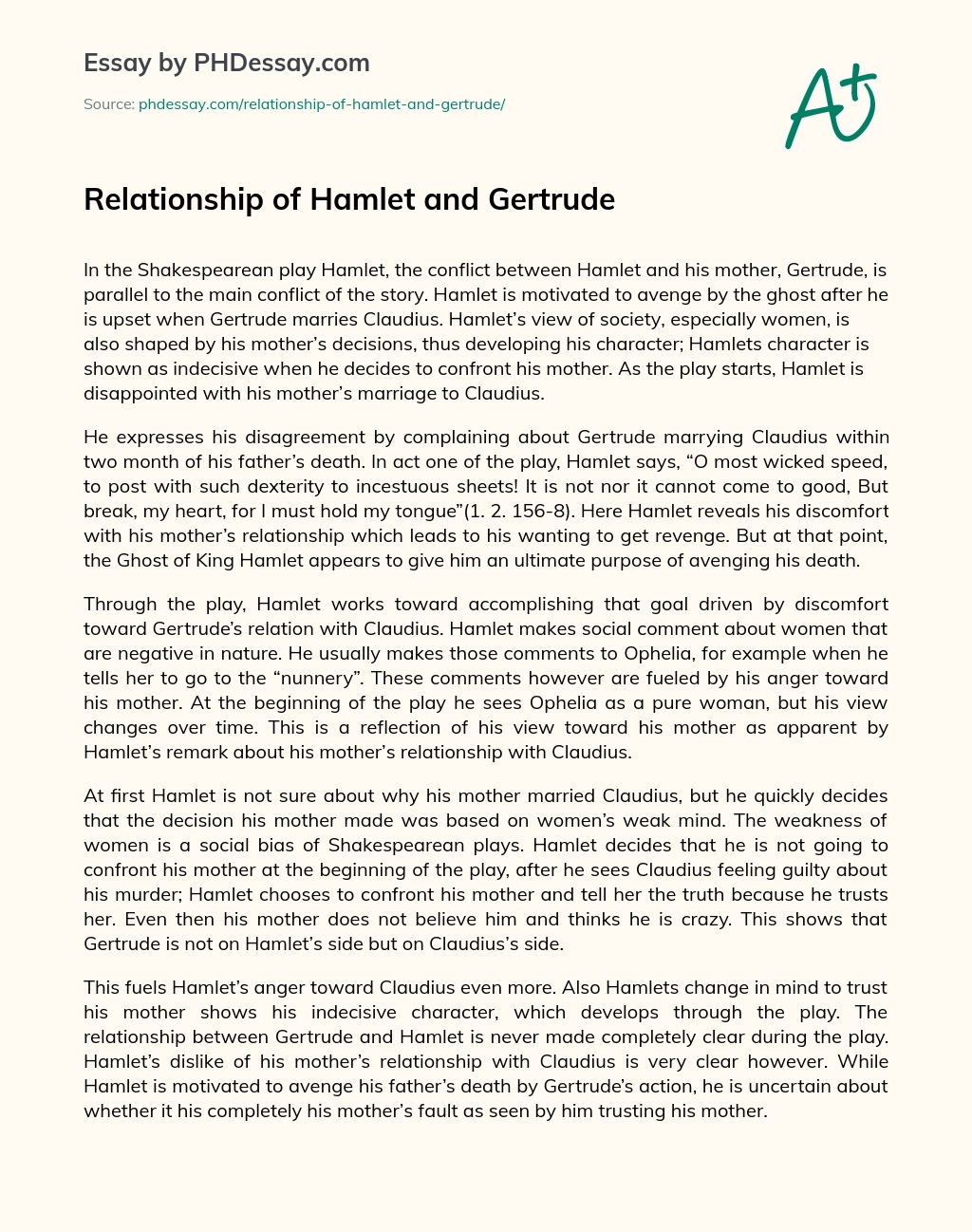Relationship of Hamlet and Gertrude essay
