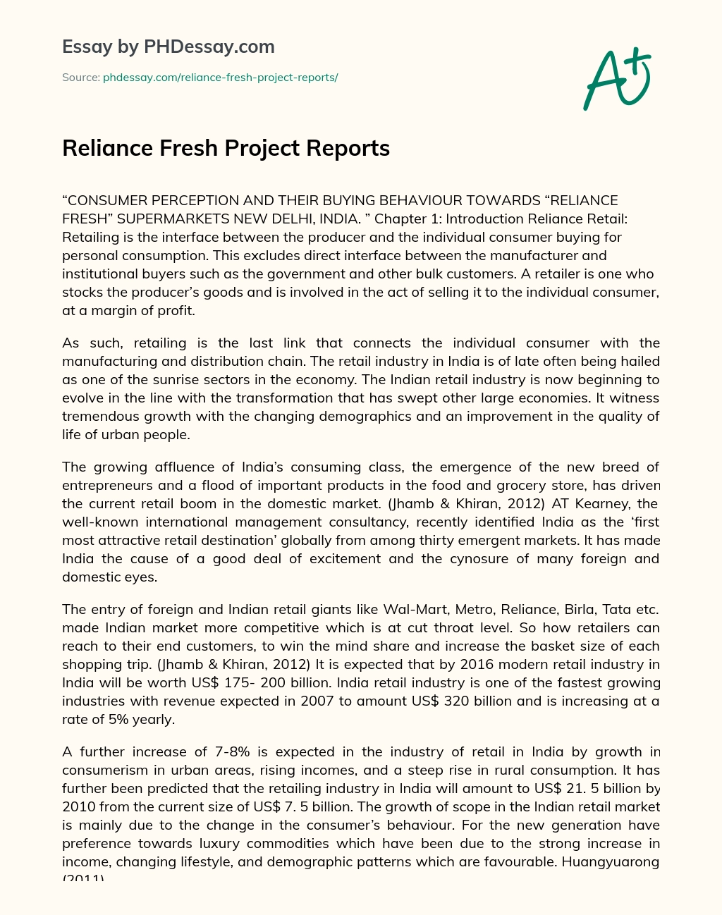 Reliance Fresh Project Reports essay
