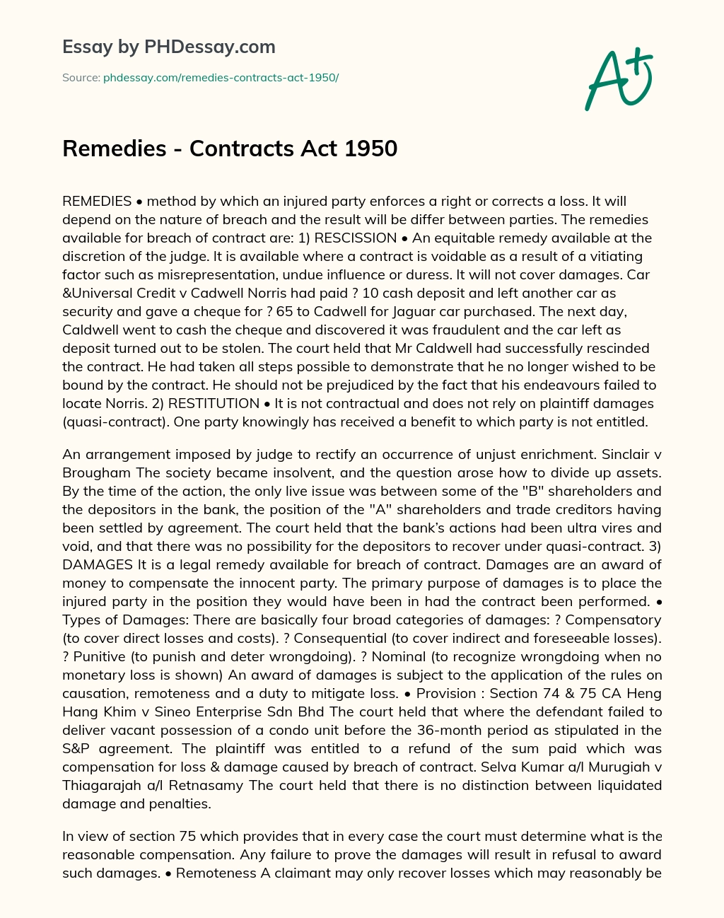 Remedies – Contracts Act 1950 essay