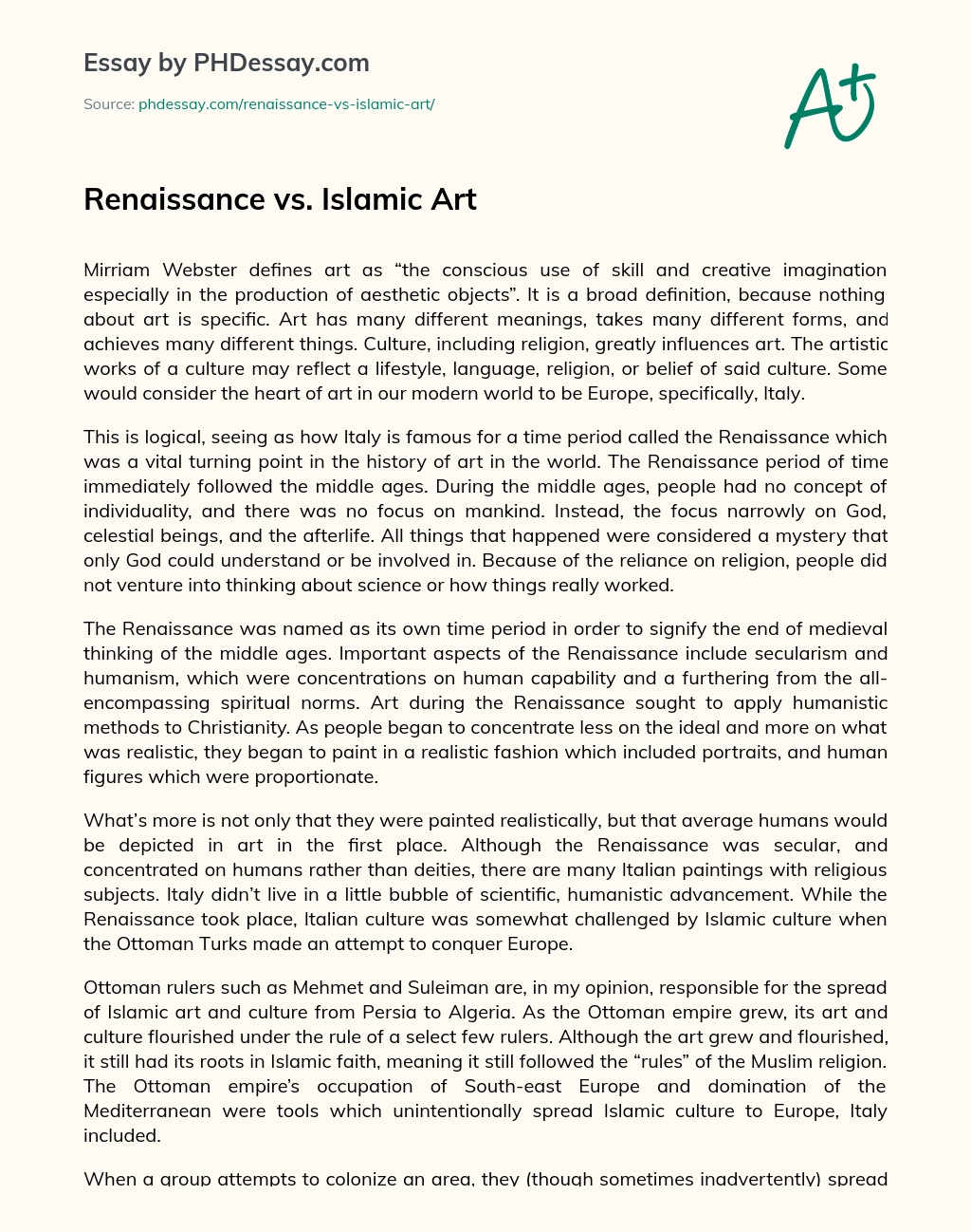 Renaissance vs. Islamic Art essay