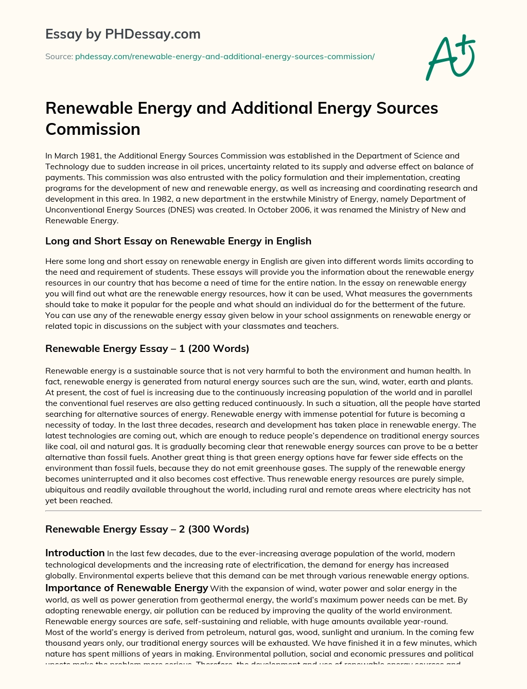 Renewable Energy and Additional Energy Sources Commission essay