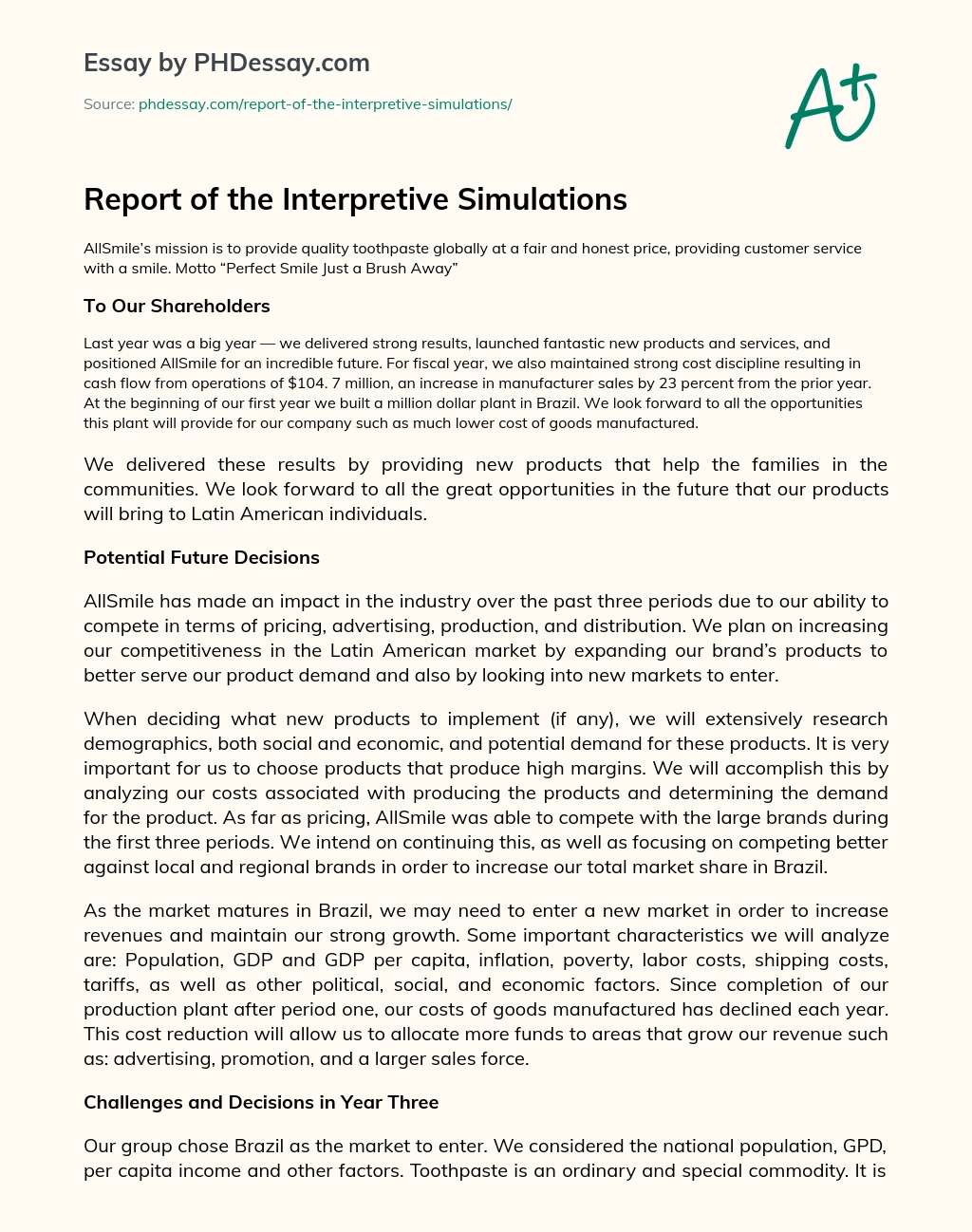 Report of the Interpretive Simulations essay